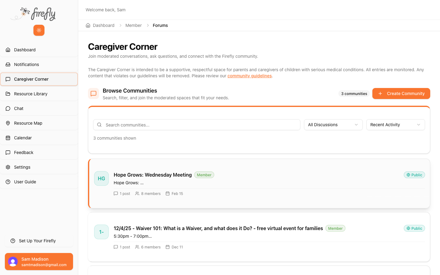 Caregiver Corner community forums with Hope Grows Meeting and Waiver 101 discussion groups