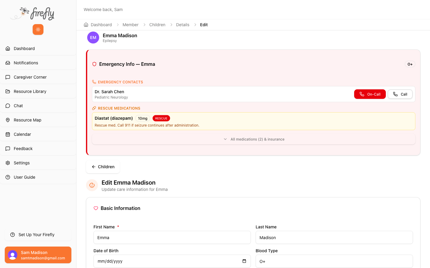Child profile for Emma Madison showing Emergency Info with specialist contacts, rescue medications with dosing, and blood type