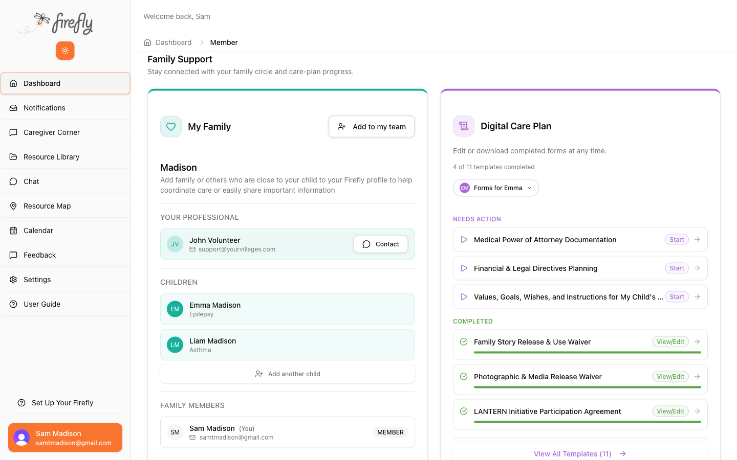 Family section showing children Emma (Epilepsy) and Liam (Asthma), care team contact, and Digital Care Plan with template progress