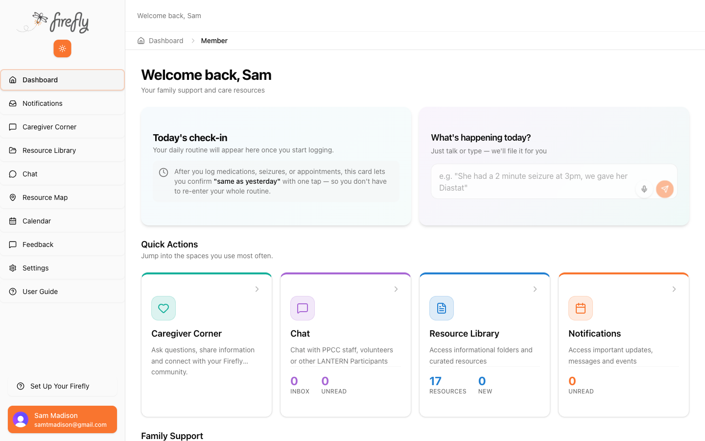 Family dashboard with daily check-in, quick capture, and quick action cards for Caregiver Corner, Chat, Resource Library, and Notifications
