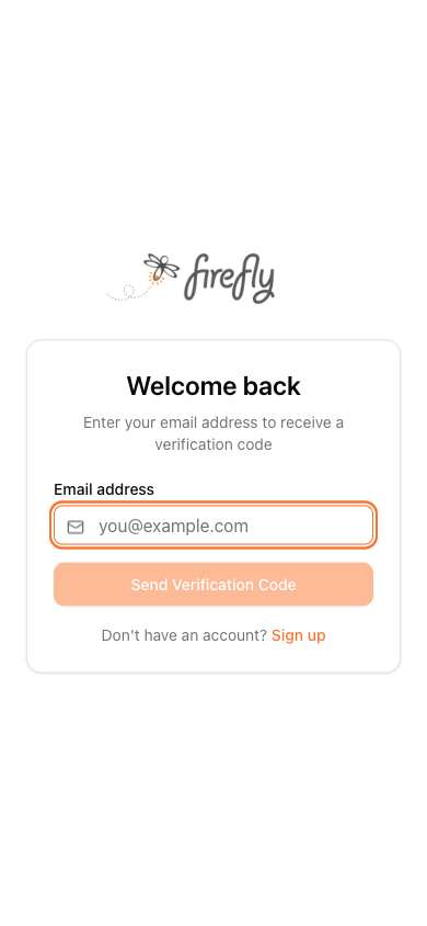 Firefly sign-in screen with email verification code entry