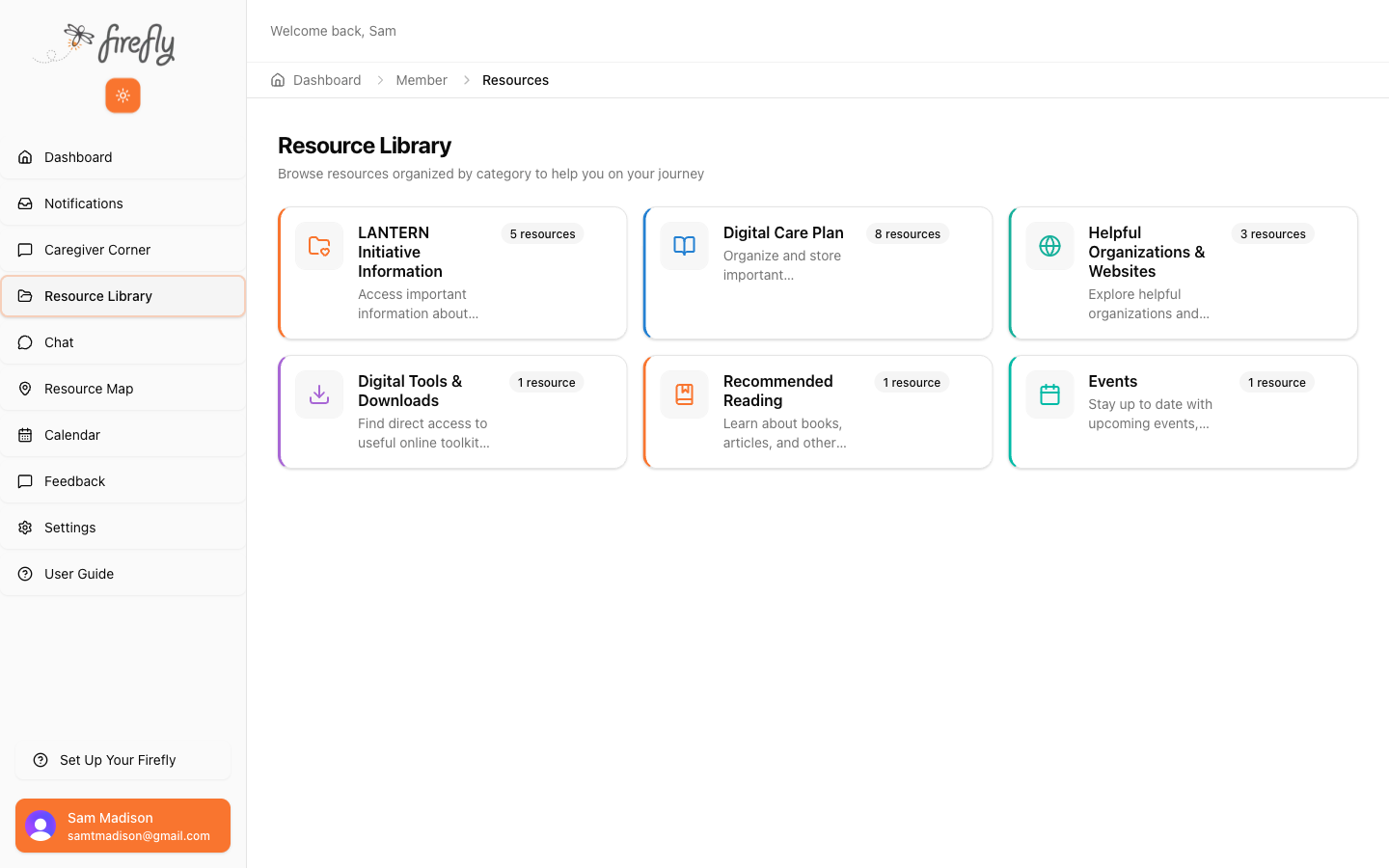 Resource Library with organized folders: LANTERN Initiative, Digital Care Plan, Helpful Organizations, Digital Tools, Recommended Reading, Events