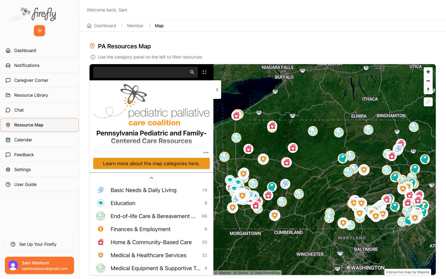 PA Resources Map with 160+ pins across categories including Basic Needs, Education, Home Care, Medical Services