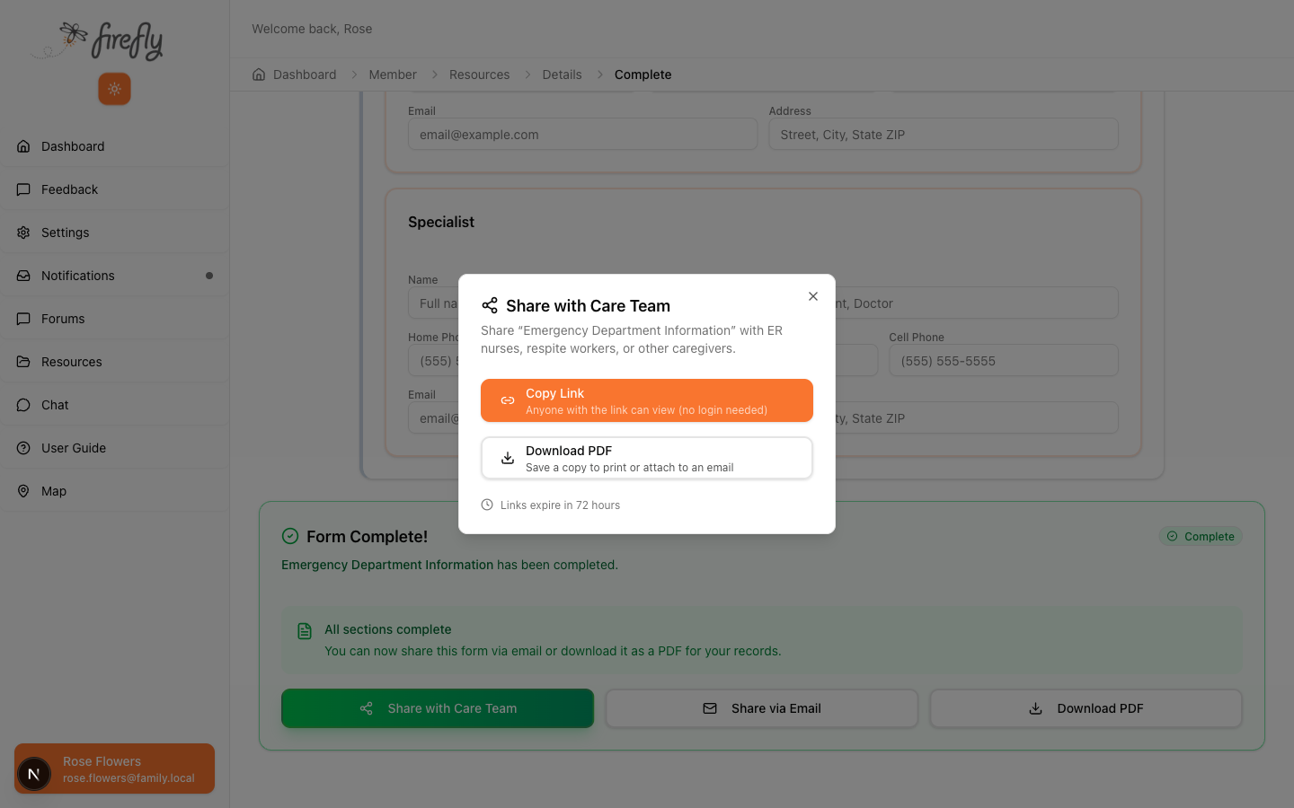 Share with Care Team dialog showing options to share link, download PDF, or email